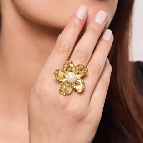 bague fleur or grande et perle acier inoxydable Bague Fleur en Acier Doré