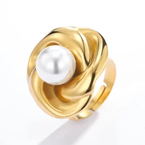 Bague Fleur Perle en Acier Doré