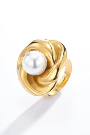 Bague Fleur Perle en Acier Doré