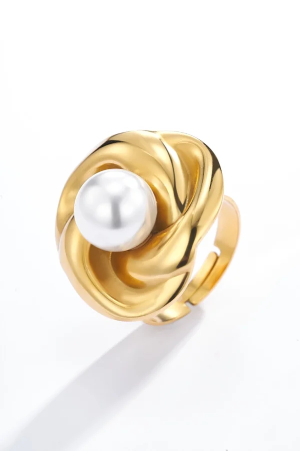 Bague Fleur Perle en Acier Doré