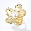 bague or femme fleur avec perle en acier inoxydable Bague Fleur en Acier Doré