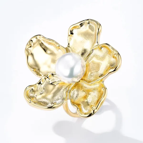 bague or femme fleur avec perle en acier inoxydable Bague Fleur en Acier Doré