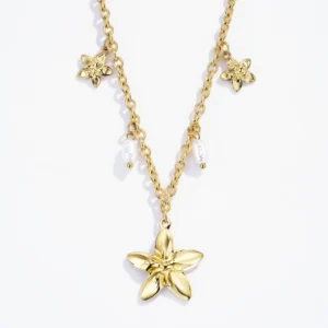 Collier Fleurs et Perles en Acier Doré