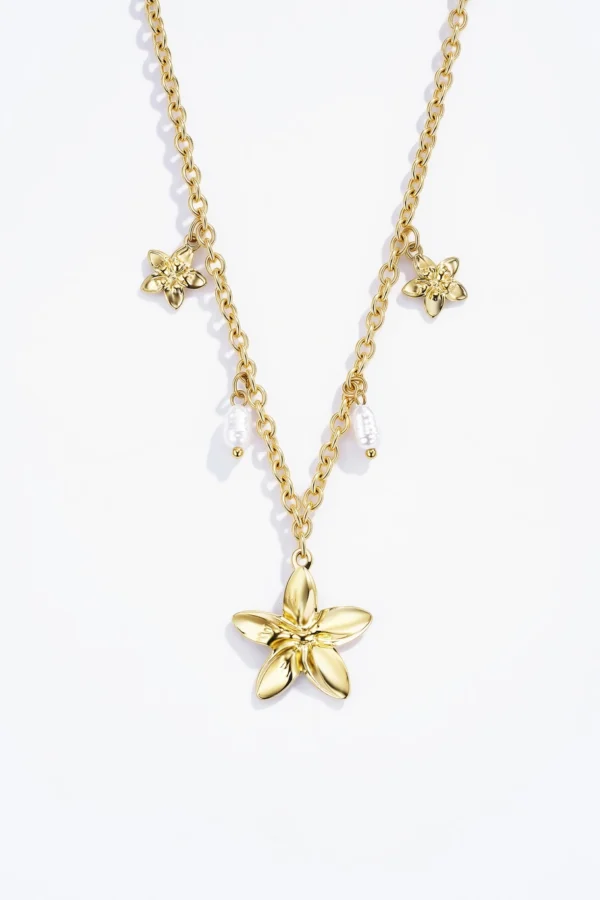 Collier Fleurs et Perles en Acier Doré
